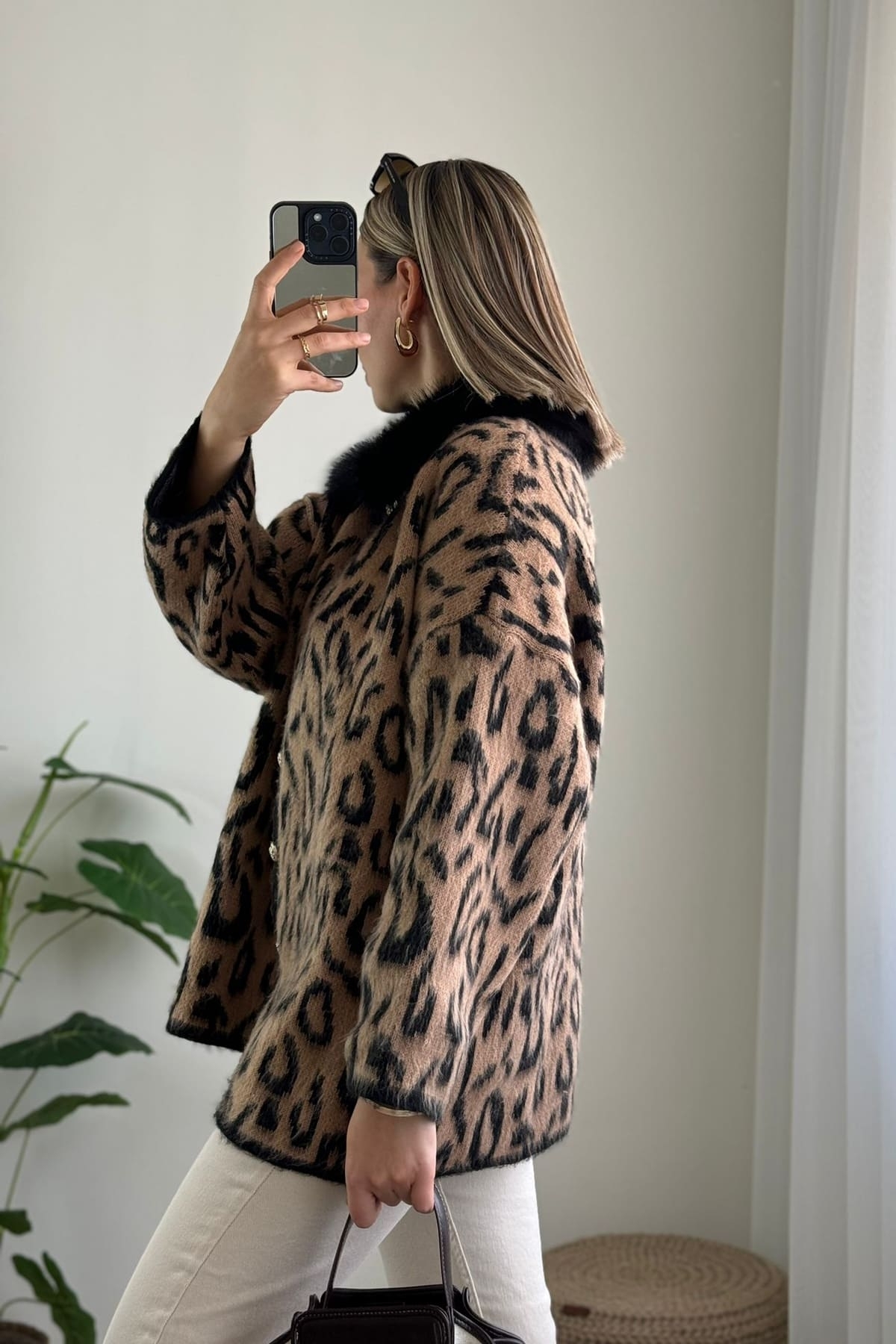 Leopar Desen Yakası Kürklü Ceket Hırka