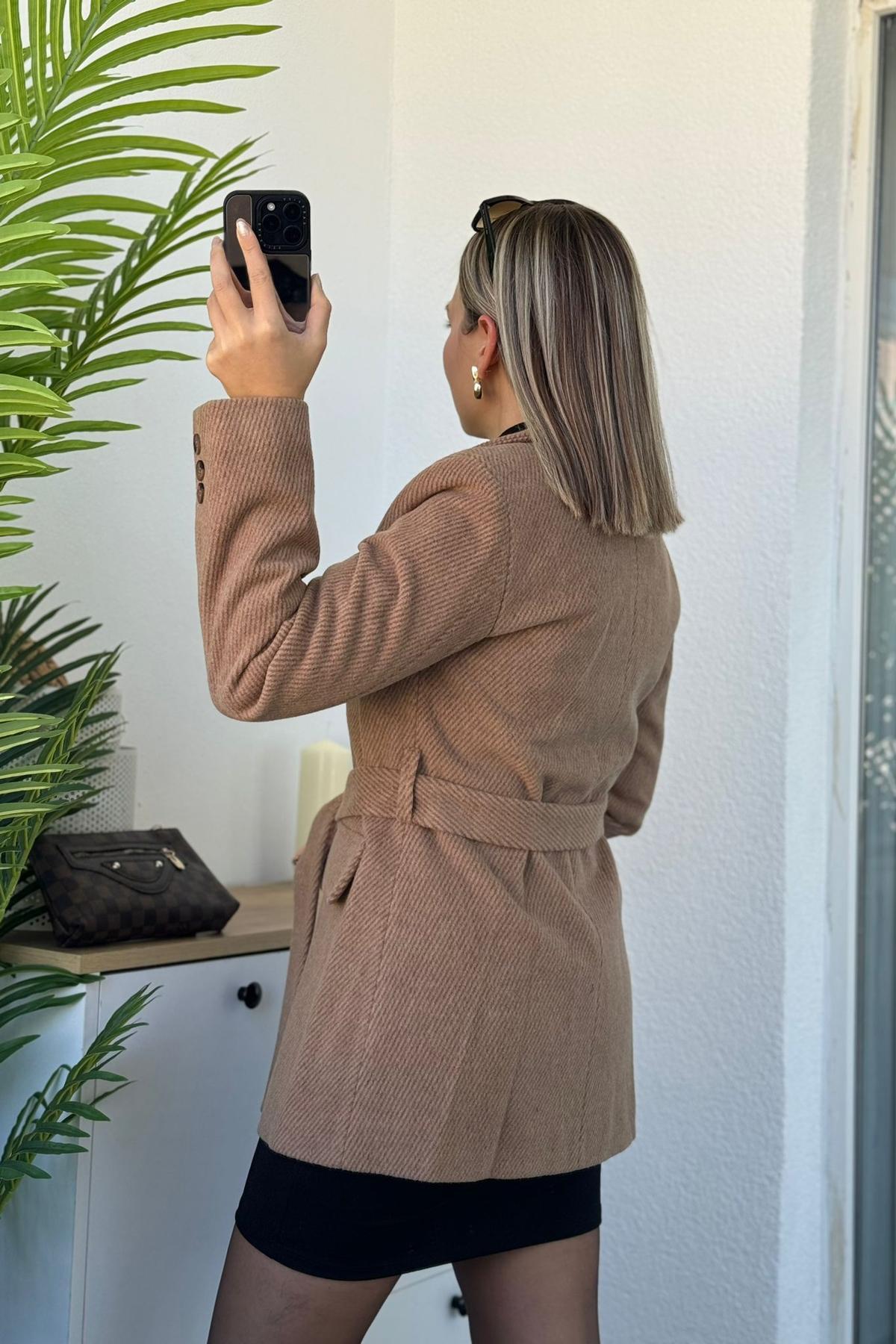 Kuşaklı Blazer Slim Fit Vizon Kaşe Kaban