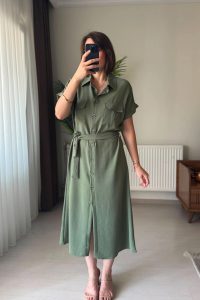 Kısa Kol Gömlek Yaka Cepli Kuşaklı Haki Elbise