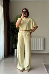 Yarasa Kol Crop Pantolon Sarı İkili Modal Takım