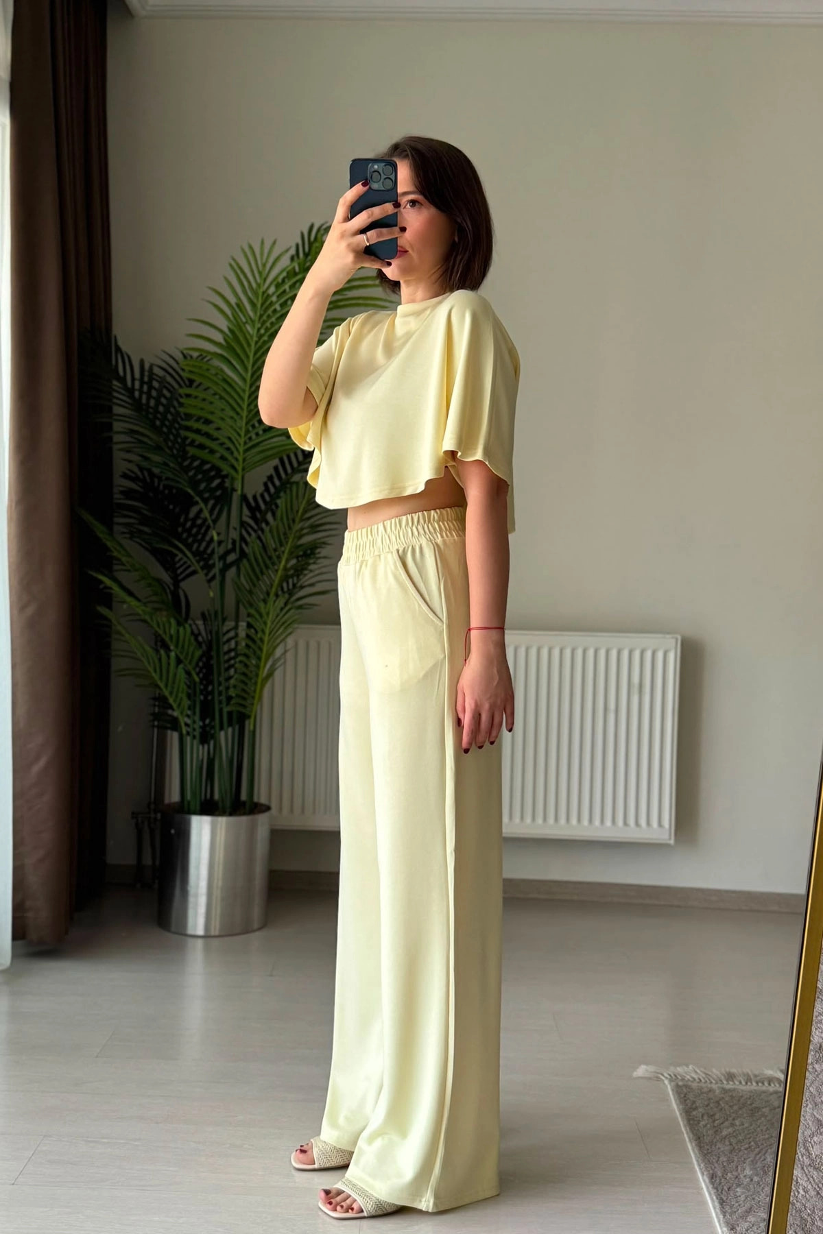 Yarasa Kol Crop Pantolon Sarı İkili Modal Takım