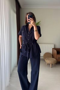 Kuşaklı Gömlek Pantolon Keten %100 Pamuk Lacivert İkili Takım