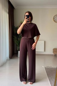 Yarasa Kol Crop Pantolon Kahve İkili Modal Takım