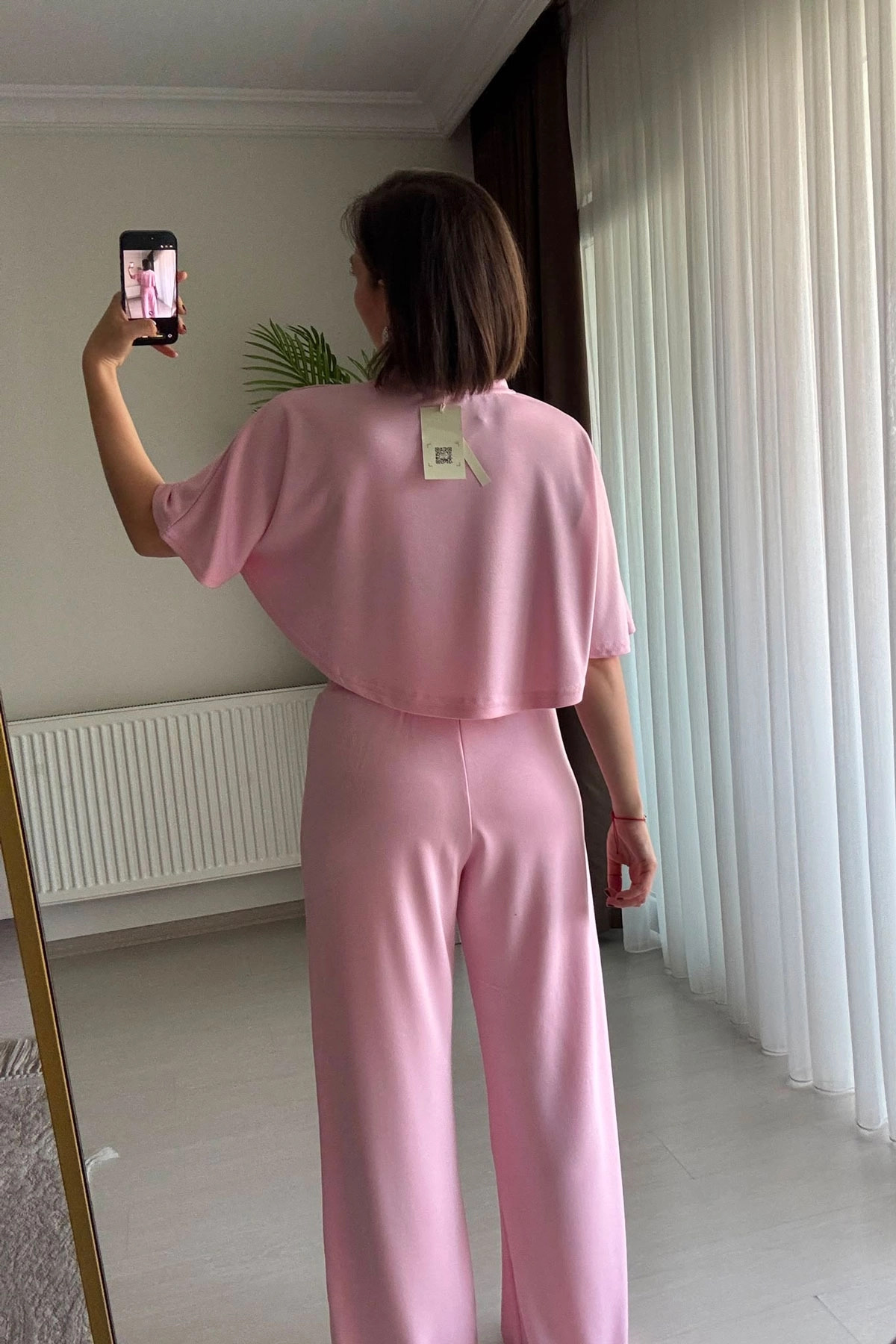 Yarasa Kol Crop Pantolon Pembe İkili Modal Takım