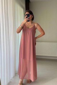 V Yaka Astarlı Uzun Gül Kurusu Kadın Elbise