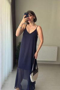 V Yaka Astarlı Uzun Lacivert Kadın Elbise