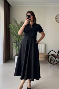 Polo Yaka Ayarlı Fermuarlı Siyah Midi Elbise