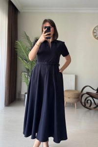 Polo Yaka Ayarlı Fermuarlı Lacivert Midi Elbise