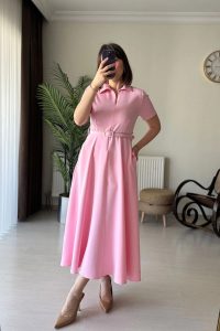 Polo Yaka Ayarlı Fermuarlı Pembe Midi Elbise