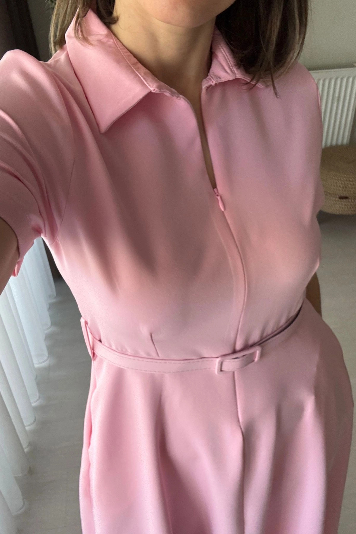 Polo Yaka Ayarlı Fermuarlı Pembe Midi Elbise