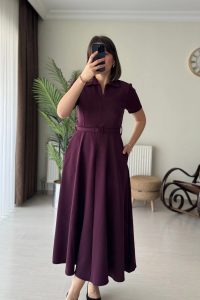 Polo Yaka Ayarlı Fermuarlı Mürdüm Midi Elbise