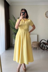 Polo Yaka Ayarlı Fermuarlı Sarı Midi Elbise