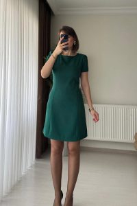 Prenses Kol Yuvarlak Yaka Yeşil Mini Elbise