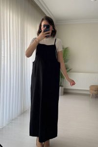 Askılı Gabardin Siyah Salopet Uzun Elbise