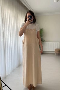 Askılı Gabardin Bej Salopet Uzun Elbise
