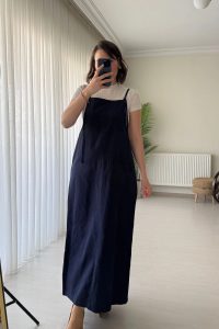 Askılı Gabardin Lacivert Salopet Uzun Elbise