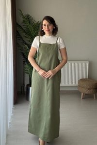 Askılı Gabardin Haki Salopet Uzun Elbise