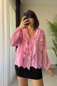 V Yaka Organik Kumaş Pembe Transparan Kadın Bluz