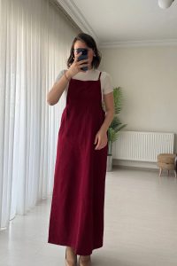 Askılı Gabardin Bordo Salopet Uzun Elbise