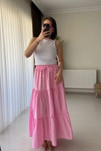 Kat Kat Beli Bağlamalı Detaylı Pembe Uzun Etek