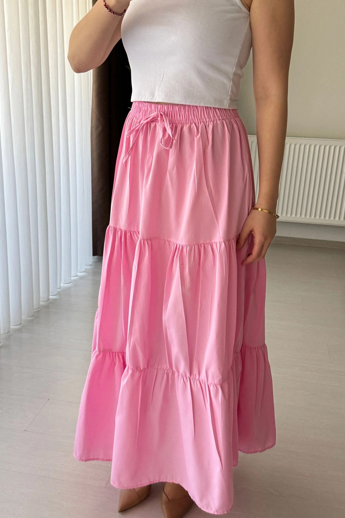 Kat Kat Beli Bağlamalı Detaylı Pembe Uzun Etek