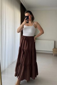 Kat Kat Beli Bağlamalı Detaylı Kahve Uzun Etek