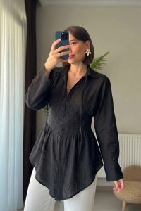 Dantel İşlemeli Korseli Siyah Tensel Gömlek Tunik
