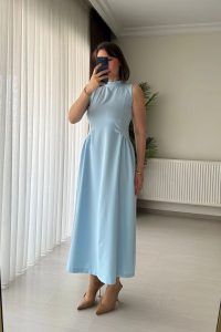 Sırt Dekolteli Kolsuz Bel Detay Mavi Maxi Elbise