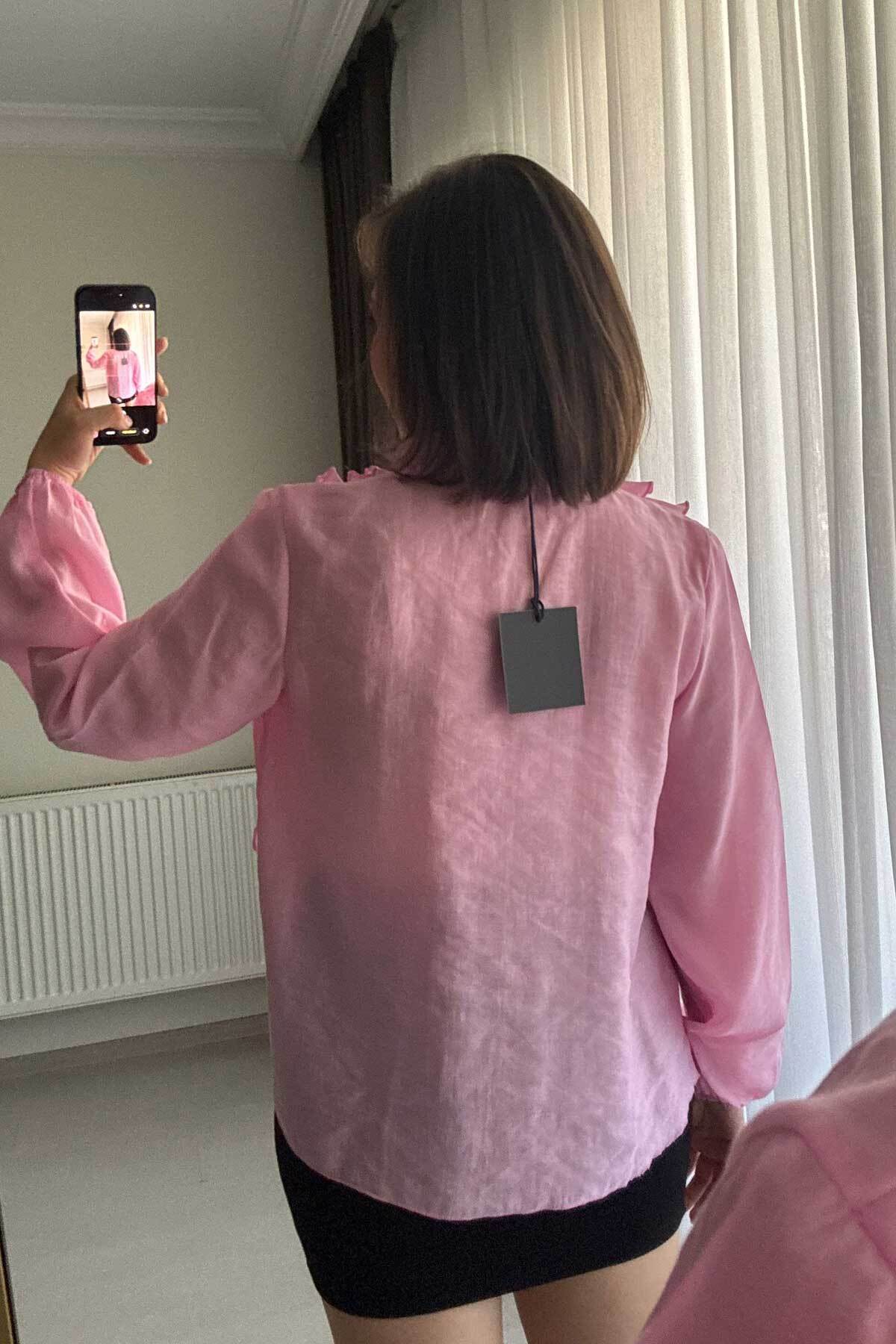 V Yaka Organik Kumaş Pembe Transparan Kadın Bluz