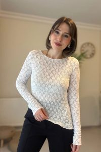 Dantel Asimetrik Uzun Kol Ekru Bluz