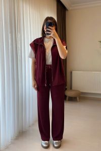 Bel Lastikli Fermuarlı Bordo Yelek Pantolon Takım