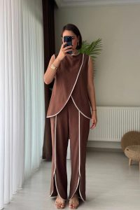 Biyeli Yelek Pantolon Keten Kahve İkili Takım