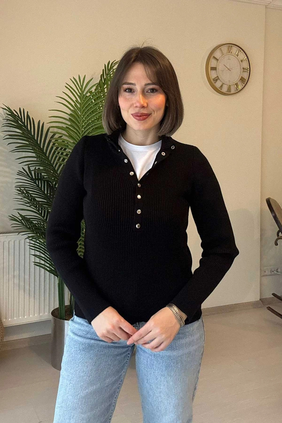 Çıtçıt Detay Selanik Örgü Siyah Kazak