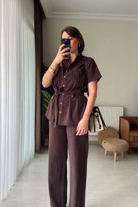 Kuşaklı Gömlek Pantolon Keten %100 Pamuk Kahve İkili Takım