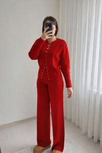 Bel Detaylı Çıtçıtlı Triko Hırka Pantolon Takımı
