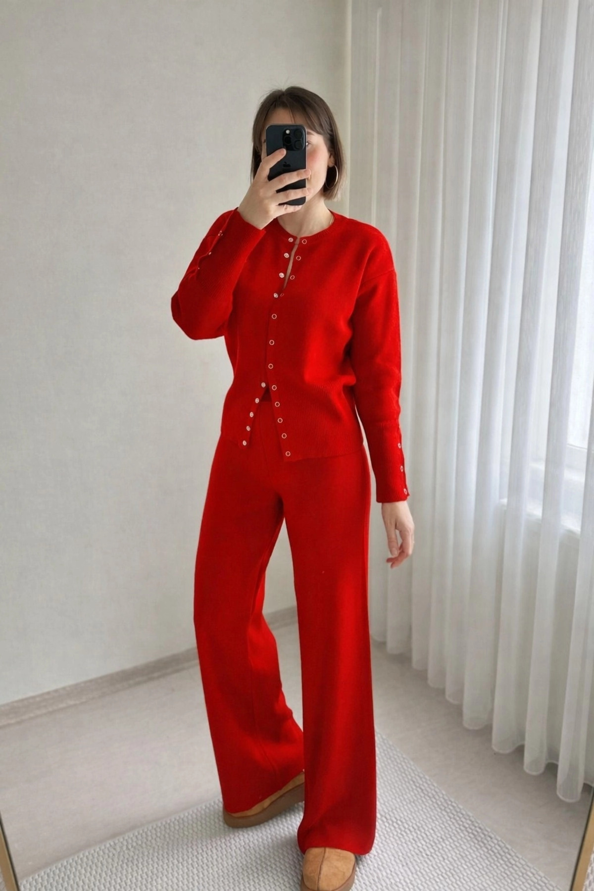 Bel Detaylı Çıtçıtlı Triko Hırka Pantolon Takımı