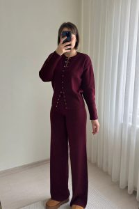 Bel Detaylı Çıtçıtlı Triko Hırka Pantolon Takımı