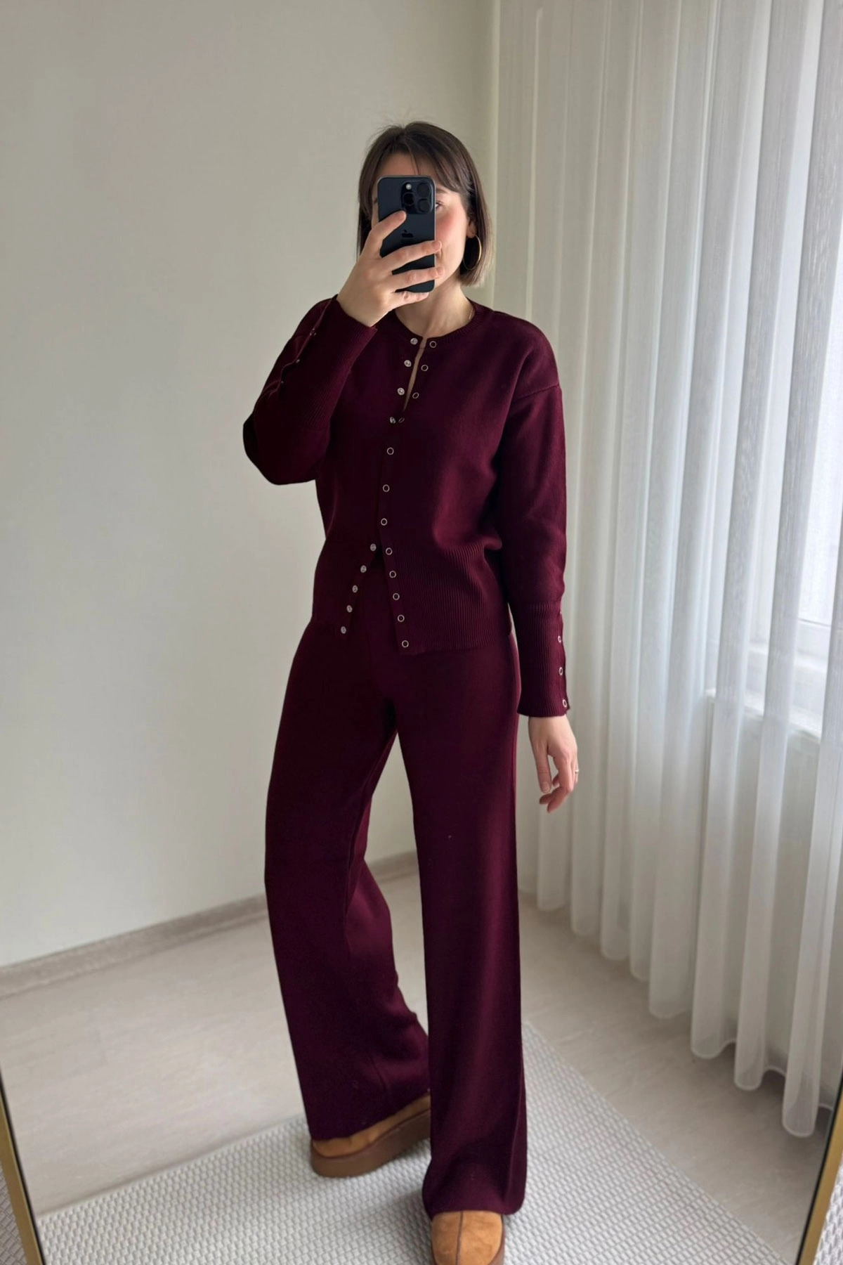 Bel Detaylı Çıtçıtlı Triko Hırka Pantolon Takımı