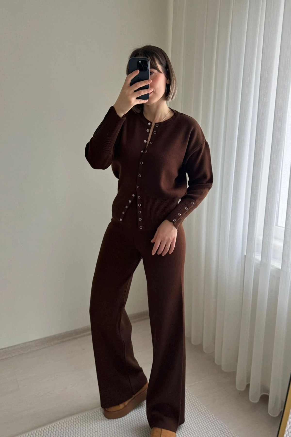 Bel Detaylı Çıtçıtlı Triko Kahve Hırka Pantolon Takımı
