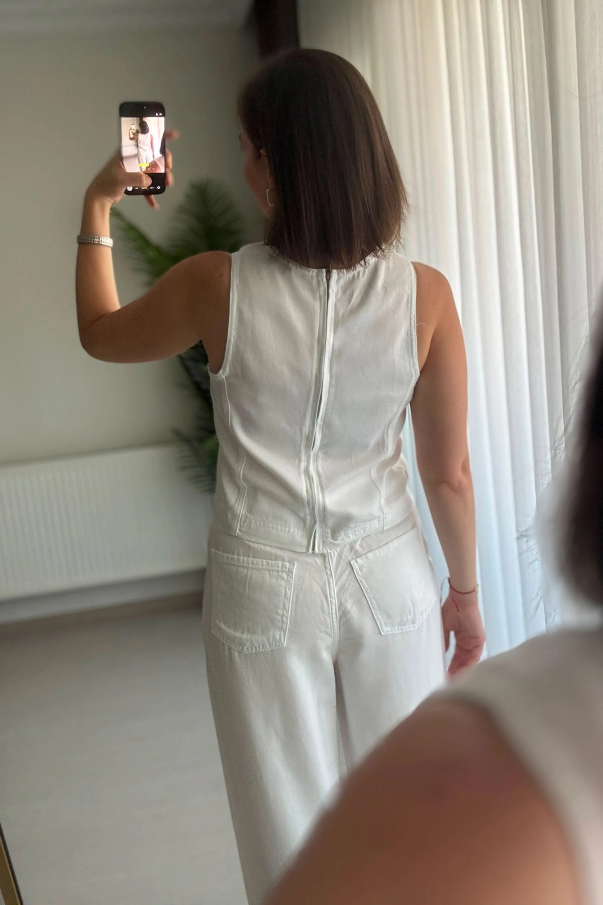 Kolsuz Bluz Bol Paça Pantolon Beyaz İkili Takım