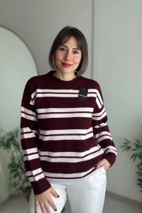 Bisiklet Yaka Çizgili Bordo Triko Kazak