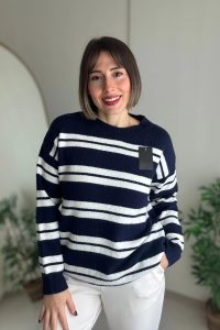 Bisiklet Yaka Çizgili Lacivert Triko Kazak