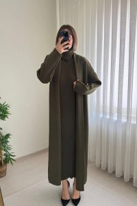 Boğazlı Haki Hırka Elbise Triko Takım