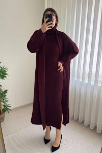 Boğazlı Bordo Hırka Elbise Triko Takım