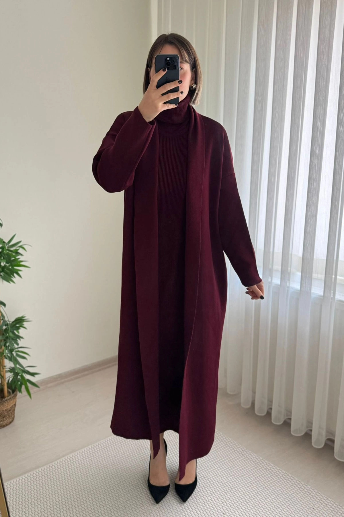 Boğazlı Bordo Hırka Elbise Triko Takım