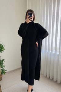 Boğazlı Siyah Hırka Elbise Triko Takım