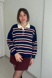 Polo Yaka Çizgili Kol Manşetli Lacivert Triko Kazak
