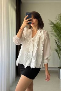 V Yaka Organik Kumaş Ekru Transparan Kadın Bluz