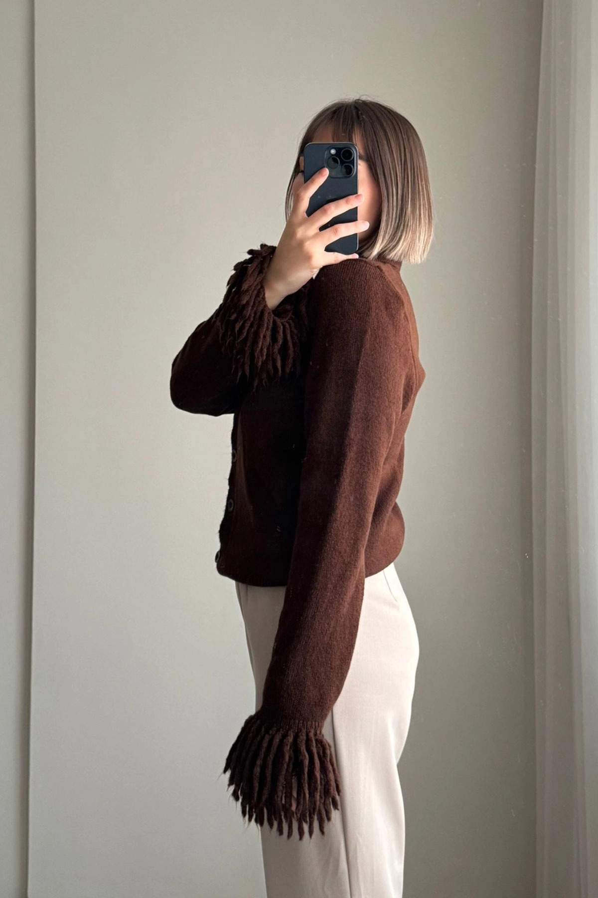 Kolu Püsküllü Polo Yaka Kahve Hırka