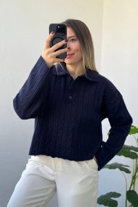 Polo Yaka Örgü Desen Lacivert Kazak
